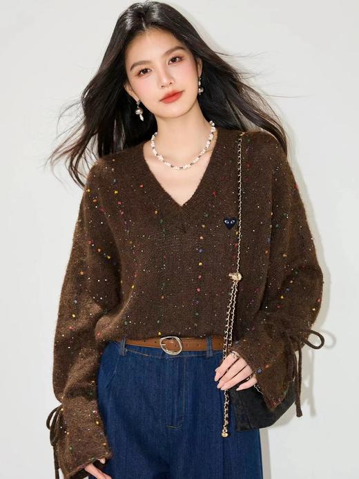 F011268甜美设计感V领喇叭袖亮丝针织衫毛衣 商品图8