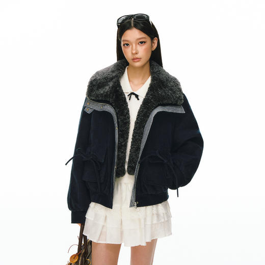 Ariseism 抽绳蝴蝶结可拆卸毛领棉服女冬季新款加厚宽松保暖外套 商品图1