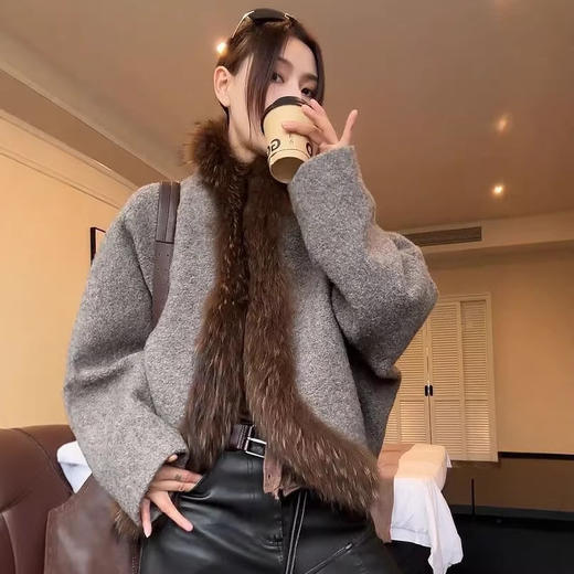 雀说韩系大码灰色短款毛呢外套女冬季毛领蝙蝠袖加厚呢子大衣ALW 商品图1