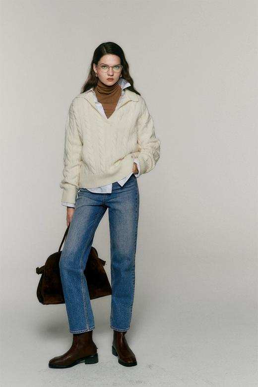 复古高克重90羊毛10羊绒法式大V领拧花棒针可叠穿毛衣 商品图10