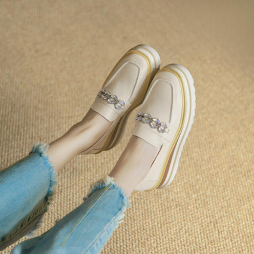 [预售5天]英伦风厚底松糕鞋女百搭真皮米白色坡跟高跟乐福单鞋ZMXY&ZM2594-1 商品图3