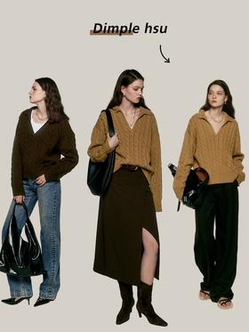 复古高克重90羊毛10羊绒法式大V领拧花棒针可叠穿毛衣