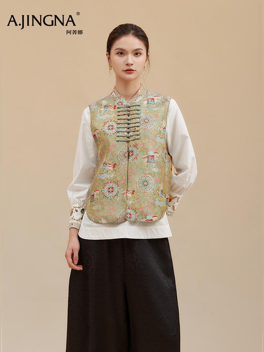 【青釉色提花】阿菁娜冬季新款马甲青釉色撞色提花设计立领宽松版型新中式细节感外套F30D203028 商品图4