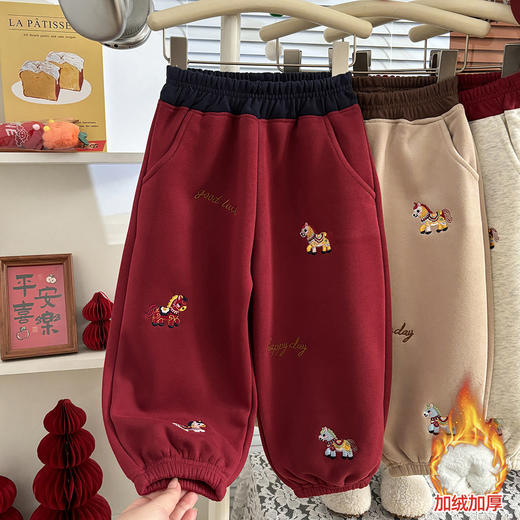 新年秋冬加绒加厚运动束脚裤子高腰卡通绣花女童阔腿长裤 商品图2