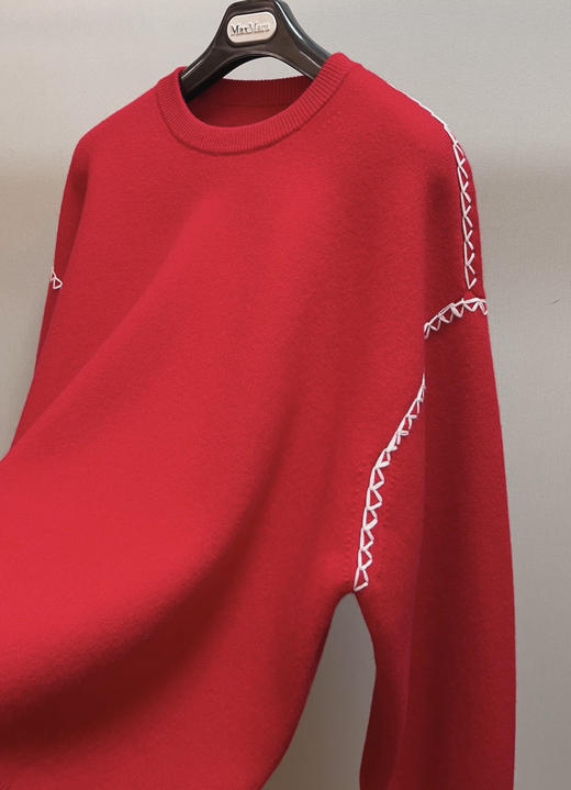 112-5 纯圆正 TH白色粗针缝线撞色 落肩袖 厚实宽松 新年红毛衣 商品图11