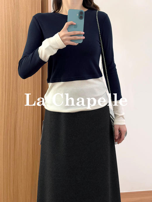 拉夏贝尔/La Chapelle撞色拼接假两件tee弹力修身显瘦长袖打底上衣 商品图4