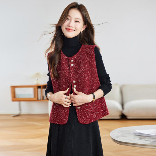 百媚生 单排扣小香风珠片圆领针织马甲女  21-9722 商品图0