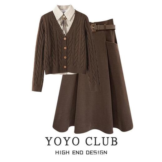 【高级温柔色系❗️浓郁的秋冬氛围】美拉德穿搭一整套装2025新款假两件麻花针织毛衣搭配半身裙两件套。jc 商品图1