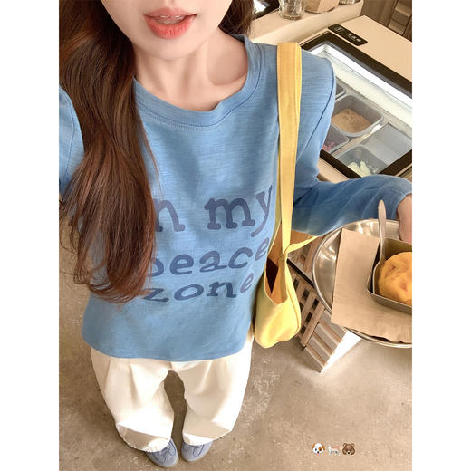 <曾小咸推荐>韩系蓝色短款印花长袖t恤女 商品图3