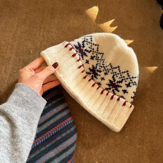 ROMI STUDIO“复古费尔岛”100%羊毛提花毛织帽米白冷帽 RWCWP07545 商品图4