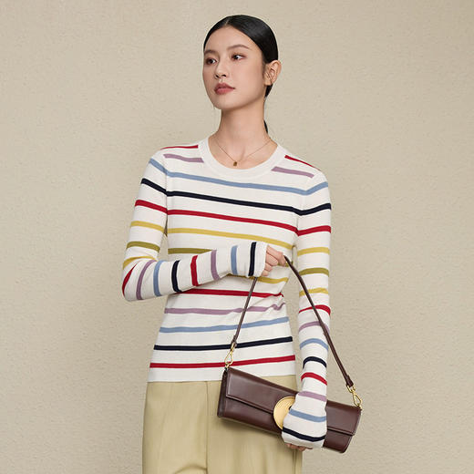 「高货rp」全新升级【铂金会员257/天猫339/差价82】(51416)洛诗琳气质彩虹条纹羊毛衫2026新款坑条修身打底针织毛衣 商品图0