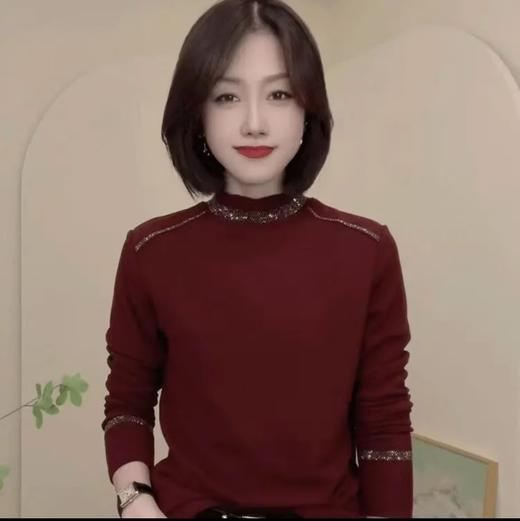 雀说新款纯色烫钻德绒时尚气质设计感女士T恤显瘦休闲长袖打底衫 商品图1