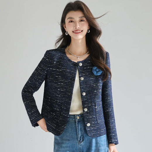 「高货sh」全新升级【铂金会员330/天猫439/差价109】(93338)洛诗琳高奢银色闪片粗花呢外套2026春季山茶花小香风外套 商品图0