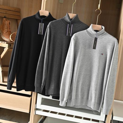 汤米2026秋冬男士经典纯色刺绣小标高领打底毛衣 商品图0