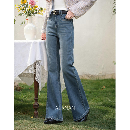 鹿向南「晚风呢喃」蓝色高腰直筒修身微喇牛仔裤女春季款显瘦长裤 商品图2