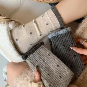 破价秒杀！9.9三双【软糯羊毛材质❗️灵动俏皮波点】秋冬羊毛袜袜口花边袜子女纯棉中筒温柔简约百搭灰色堆堆袜长袜。jc