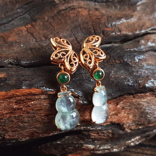 【天然正品】A货翡翠AU750玫瑰金镶天然细腻白色冰种葫芦（福禄平安）翡翠耳坠26.0*14.4*12.4MM（皆取最大值）120126XY03 商品图5