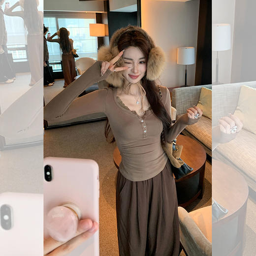 西遇拼接蕾丝内搭打底衫女2026年春季新款辣妹收腰显瘦长袖T恤SS060087 商品图2