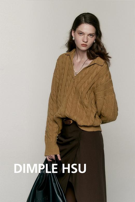 复古高克重90羊毛10羊绒法式大V领拧花棒针可叠穿毛衣 商品图2