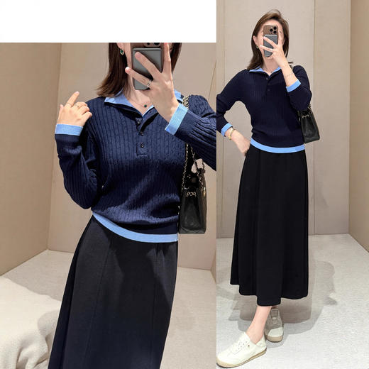 雀说朵妮DN miu系藏青天蓝双领撞色针织衫 正肩显瘦2股绞花针织衫上衣ALW2511186 商品图1