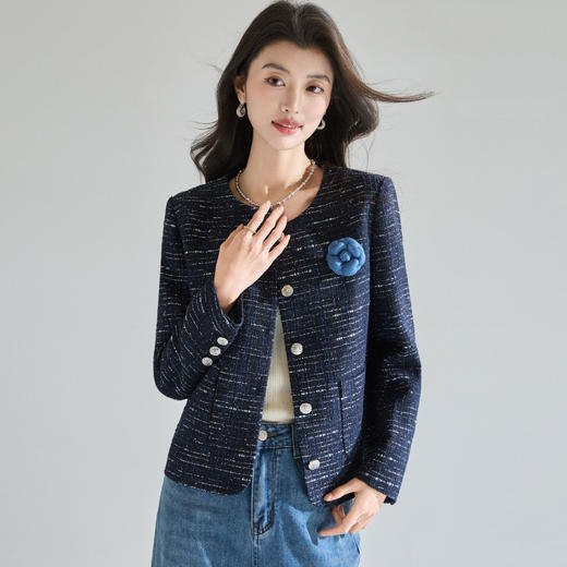 「高货sh」全新升级【铂金会员330/天猫439/差价109】(93338)洛诗琳高奢银色闪片粗花呢外套2026春季山茶花小香风外套 商品图3