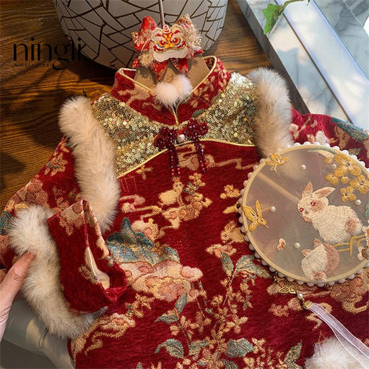 唐装拜年服女童汉服秋冬儿童周岁礼服宝宝喜庆过年衣服中国风 商品图3