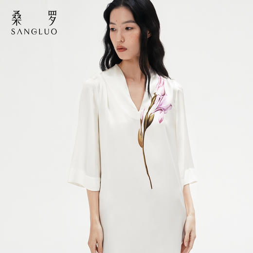 东方鸢尾』桑罗中式V领连衣裙桑蚕丝女士中袖睡裙可外穿 商品图4
