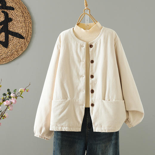 百媚生 文艺复古加厚外套女圆领单排扣夹棉棉袄保暖外套  B117 商品图3