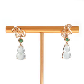 【天然正品】A货翡翠AU750玫瑰金镶天然细腻白色冰种葫芦（福禄平安）翡翠耳坠26.0*14.4*12.4MM（皆取最大值）120126XY03