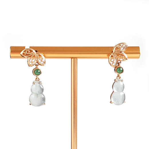 【天然正品】A货翡翠AU750玫瑰金镶天然细腻白色冰种葫芦（福禄平安）翡翠耳坠26.0*14.4*12.4MM（皆取最大值）120126XY03 商品图0