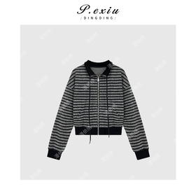 04-6潘依绣丁丁宠粉韩系撞色条纹夹花长袖短外套Q2338