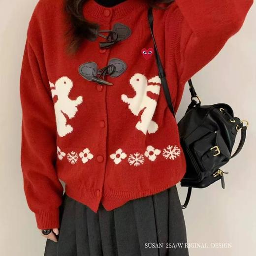 F011262甜美学院感红色兔子牛角扣针织开衫 商品图5