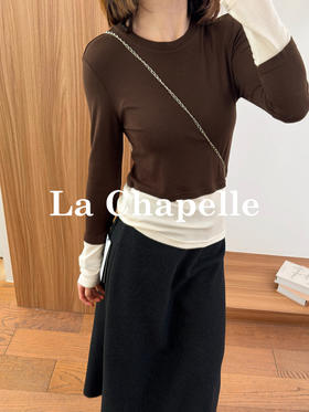 拉夏贝尔/La Chapelle撞色拼接假两件tee弹力修身显瘦长袖打底上衣