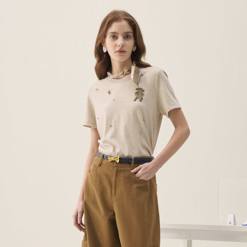 谜底原创T恤短袖2026年春季新品钉钻缝珠趣味章仔百搭女261MT0214