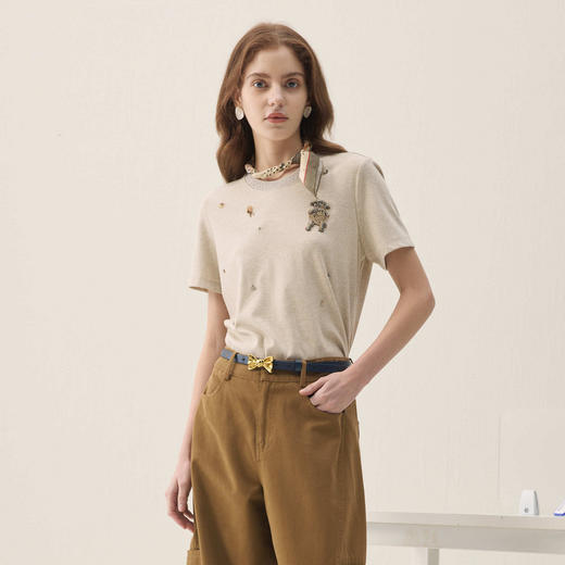 谜底原创T恤短袖2026年春季新品钉钻缝珠趣味章仔百搭女261MT0214 商品图0