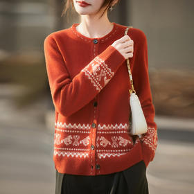 丁摩 羊绒羊毛新年红色小马复古费尔岛风针织开衫NS-5278-115