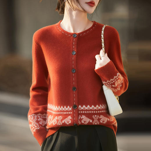 丁摩 羊绒羊毛新年红色小马复古费尔岛风针织开衫NS-5278-115 商品图2
