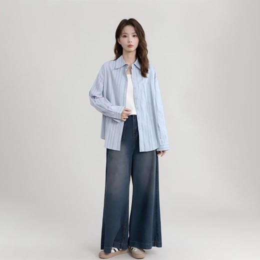 西遇蓝色条纹衬衫女2026年春季新款韩版宽松休闲polo领上衣SS060075 商品图1