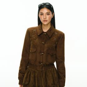 Ariseism 棕色麂皮暗纹绳绣翻领牛角扣夹棉棉服外套女冬季新款