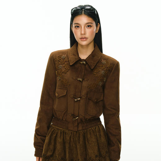 Ariseism 棕色麂皮暗纹绳绣翻领牛角扣夹棉棉服外套女冬季新款 商品图0