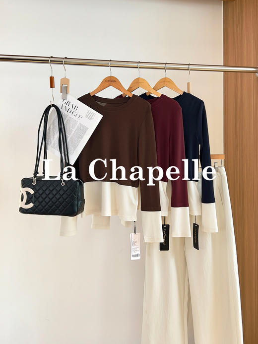 拉夏贝尔/La Chapelle撞色拼接假两件tee弹力修身显瘦长袖打底上衣 商品图1