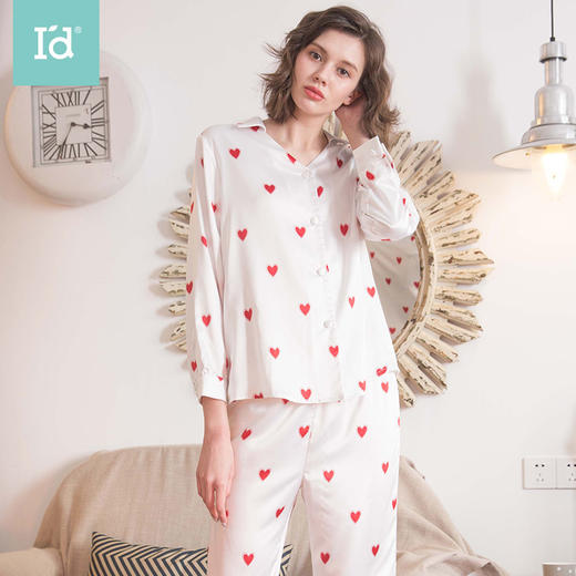 春上新爱帝女式丝滑缎面仿真丝爱心小印花长袖家居服套装 商品图1