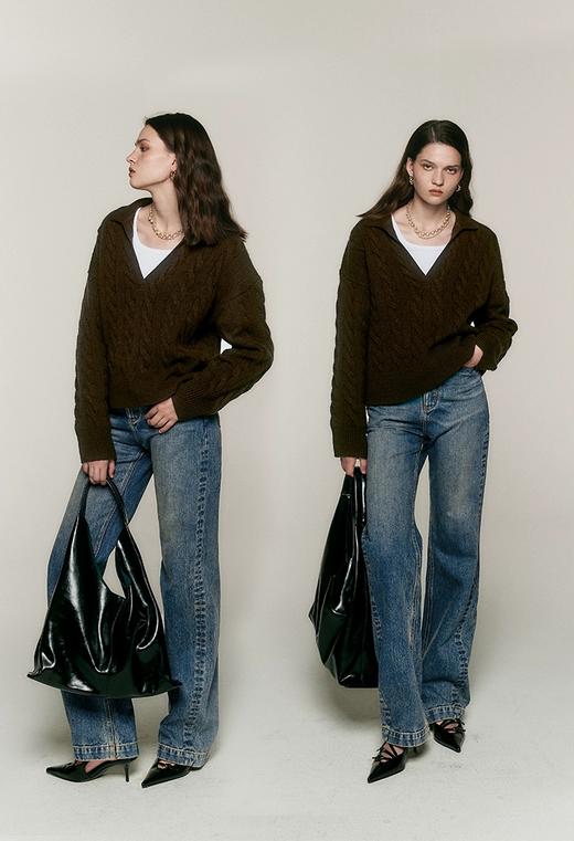 复古高克重90羊毛10羊绒法式大V领拧花棒针可叠穿毛衣 商品图6