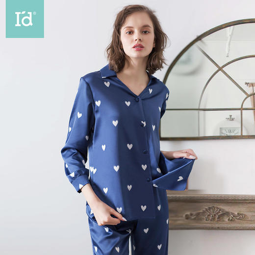春上新爱帝女式丝滑缎面仿真丝爱心小印花长袖家居服套装 商品图0