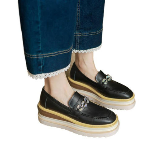 [预售5天]英伦风厚底松糕鞋女百搭真皮米白色坡跟高跟乐福单鞋ZMXY&ZM2594-1 商品图4