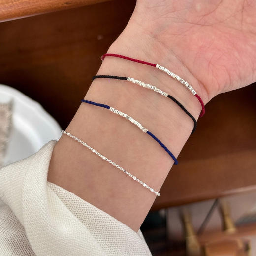 丁摩S925纯银碎银子手绳女简约手工编织设计推拉可调节叠戴百搭小红绳ALW181 商品图0