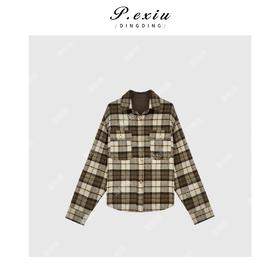 04-6潘依绣丁丁宠粉复古撞色毛呢格子韩系减龄衬衫外套 Q3441