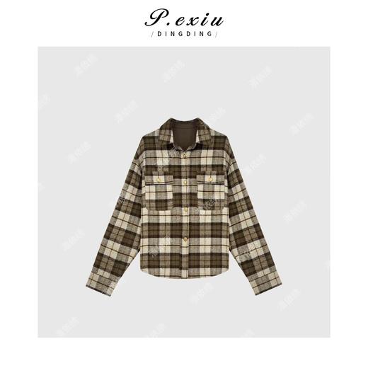 04-6潘依绣丁丁宠粉复古撞色毛呢格子韩系减龄衬衫外套 Q3441 商品图0