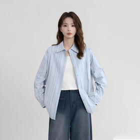 西遇蓝色条纹衬衫女2026年春季新款韩版宽松休闲polo领上衣SS060075