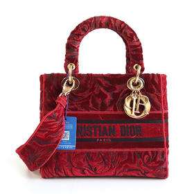 【95新】Dior迪奥Lady Dior手袋红色丝绒刺绣五格戴妃宽肩带手提单肩包女士 090126HS03